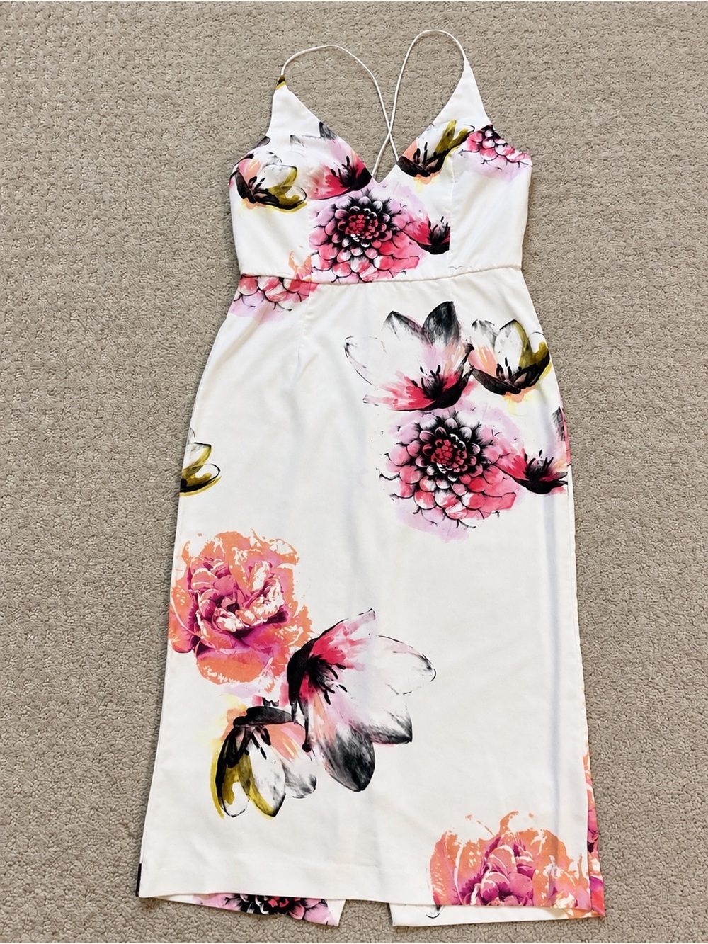Topshop Floral Midi Dress Ivory Pink Strappy Bodycon Size 6